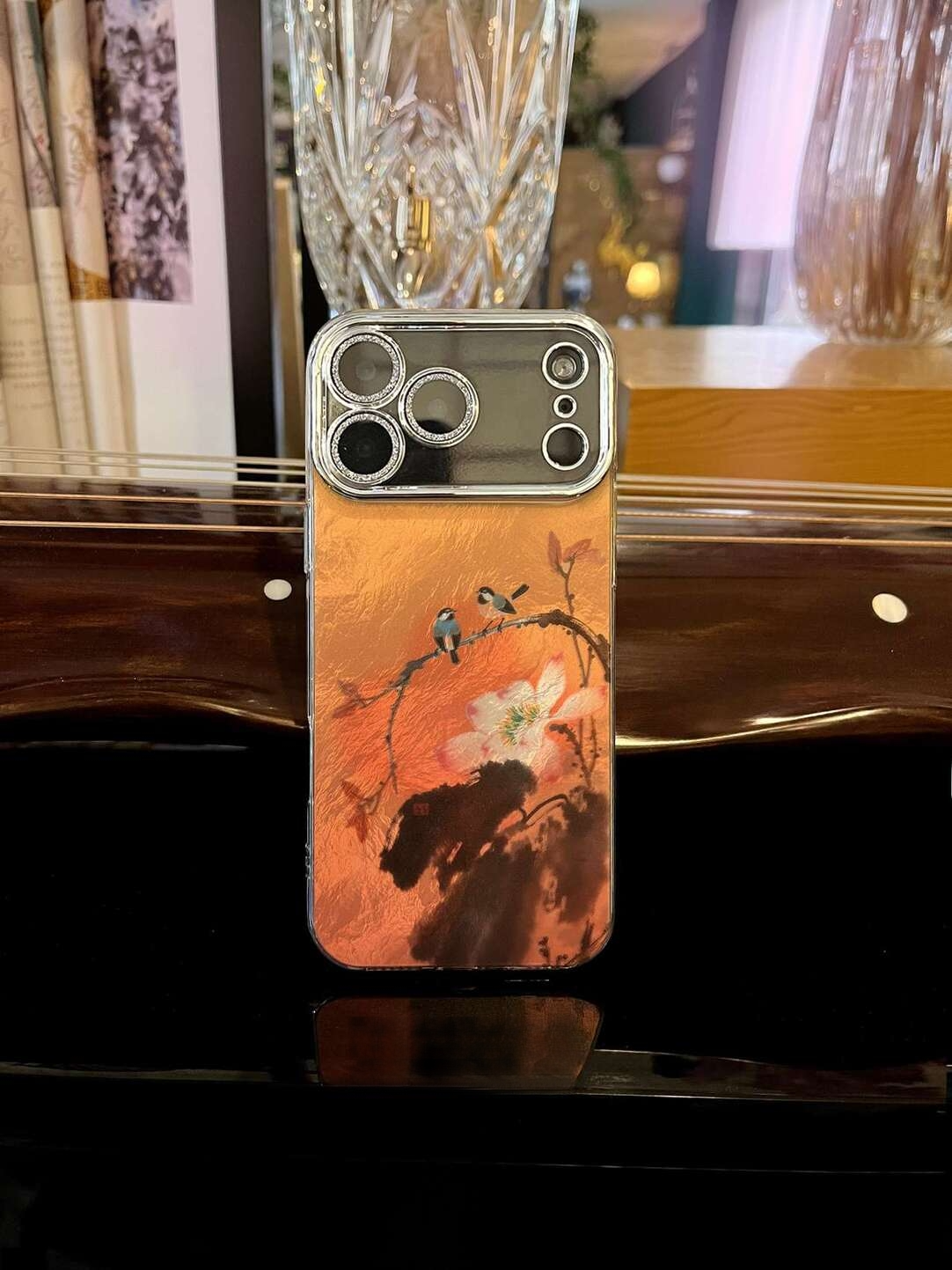 Chinoiserie Magpie & Peony Oriental Ink Painting Laser Metallic Silicone Phone Case-YX