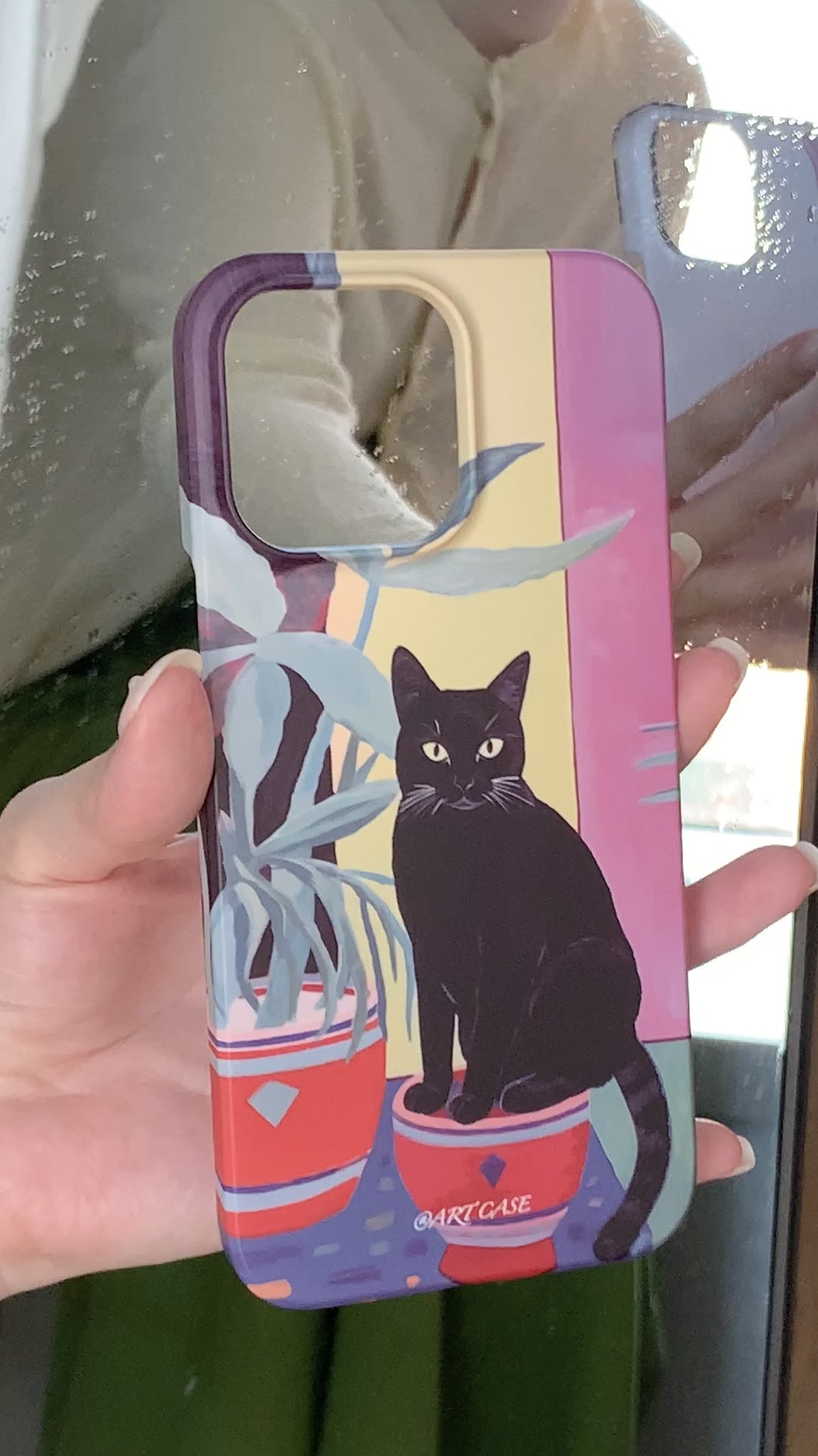 Artistic Black Cat & Potted Plant Phone Case Double-layer Film Print